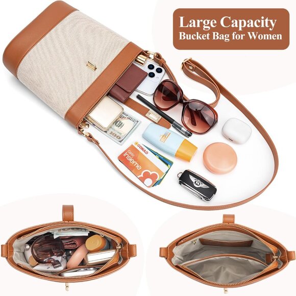 Brown trendy vegan leather small crossbody bucket bag with adjustable strap and - Picture 2 of 6